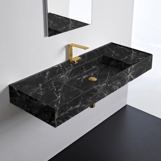 Bathroom Sink Black Marble Design Ceramic Wall Mounted or Vessel Sink With Counter Space Scarabeo 5125-G